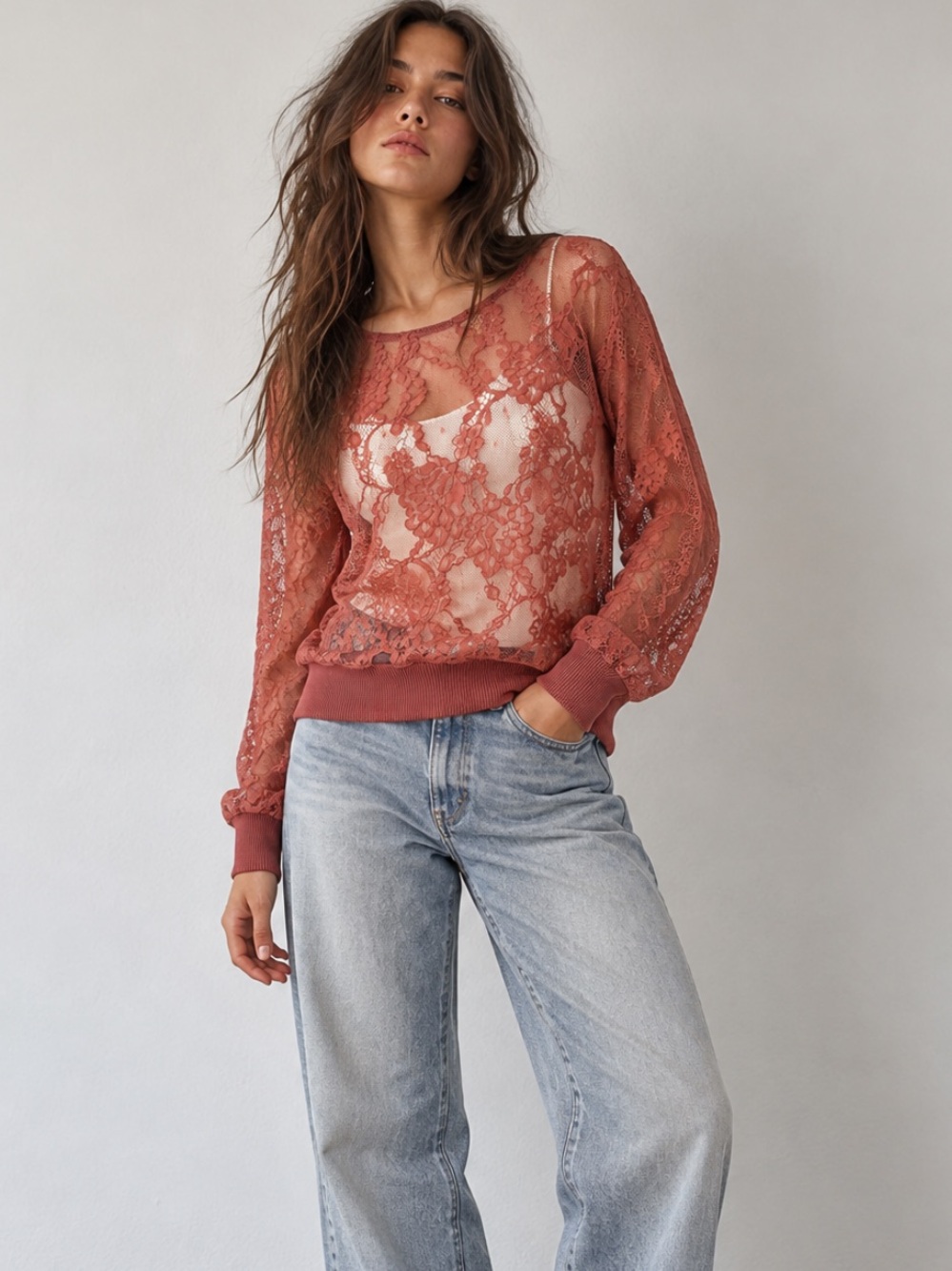 Marciano Large Dusty Rose Floral Lace Sheer Long Sleeve Blouse Top